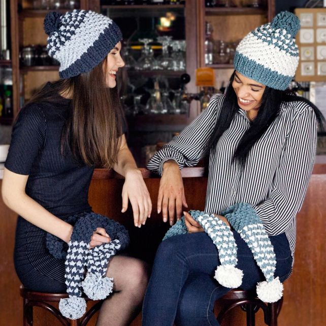 DIY Knitting Pattern Beanie & Scarf with Pom-poms